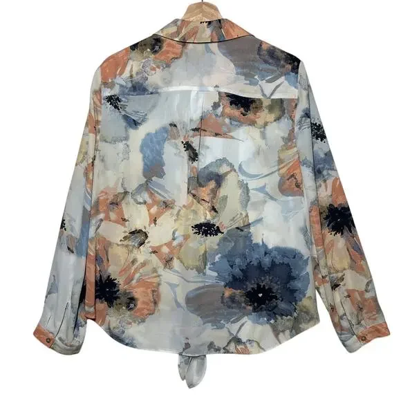 Chico’s Watercolor Floral Front Knot Long Sleeves Top Sz 2 / L Casual Colorful - Picture 6 of 10